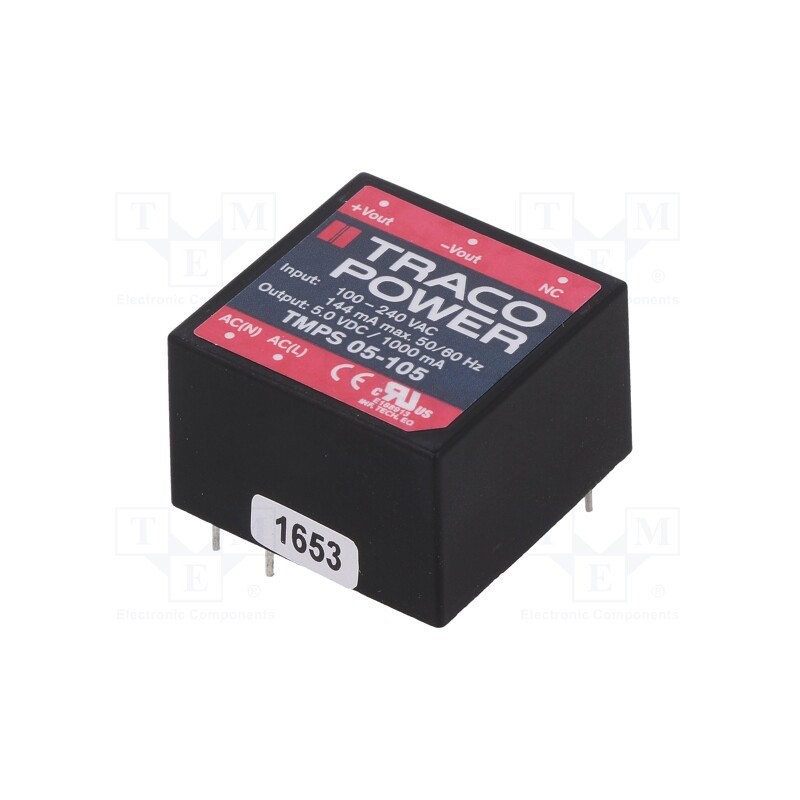 1 pcs x TRACO POWER - TMPS 05-105 - Converter: AC/DC, 5W, 85÷264VAC, Usup: 120÷370VDC, Uout: 5VDC, 80%