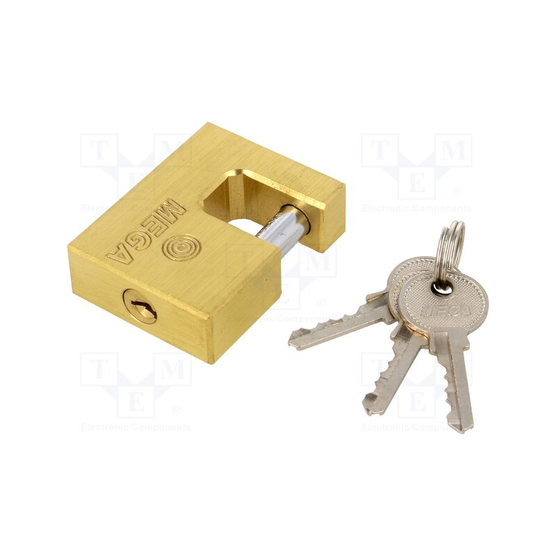 1 pcs x MEGA - 24550 - Padlock, hardened shaft, mandrel, Equipment: key x3, Mat: brass