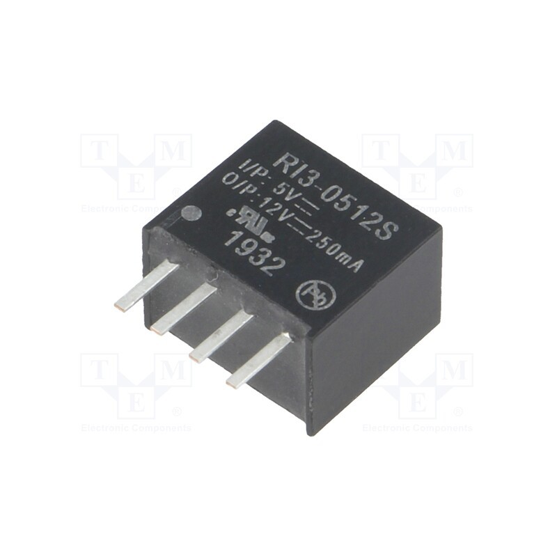 1 pcs x RECOM - RI3-0512S - Converter: DC/DC, 3W, Uin: 4.5÷5.5V, Uout: 12VDC, Iout: 250mA, SIP4