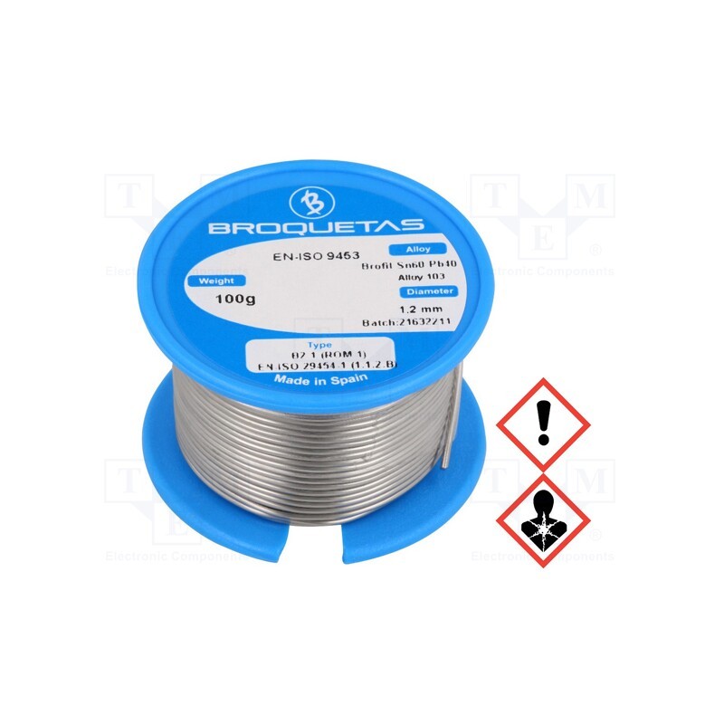 1 pcs x BROQUETAS - BROFIL 60 B2.1 1.2MM 100G - Soldering wire, Sn60Pb40, 1.2mm, 0.1kg, lead-based, reel