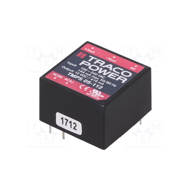 1 pcs x TRACO POWER - TMPS 05-112 - Converter: AC/DC, 5W, 85÷264VAC, Usup: 120÷370VDC, Uout: 12VDC, 82%