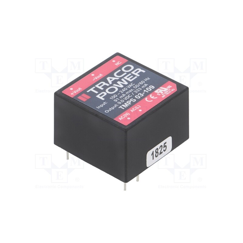 1 pcs x TRACO POWER - TMPS 03-109 - Converter: AC/DC, 3W, 85÷264VAC, Usup: 120÷370VDC, Uout: 9VDC, 77%