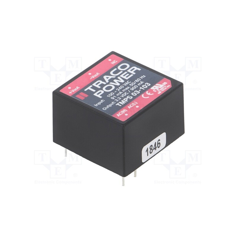 1 pcs x TRACO POWER - TMPS 03-103 - Converter: AC/DC, 3W, 85÷264VAC, Usup: 120÷370VDC, Uout: 3.3VDC