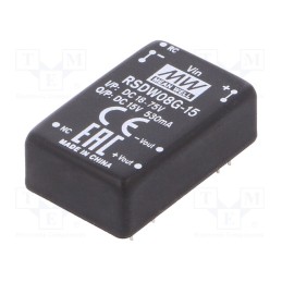 1 pcs x MEAN WELL - RSDW08G-15 - Converter: DC/DC, 8W, Uin: 18÷75V, Uout: 15VDC, Iout: 0÷530mA, DIP24
