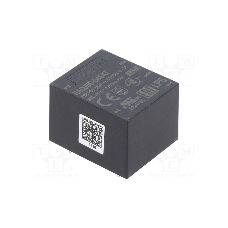 1 pcs x RECOM - RAC05E-04SKT - Converter: AC/DC, 5W, 90÷264VAC, Usup: 130÷370VDC, Uout: 4VDC, 72%