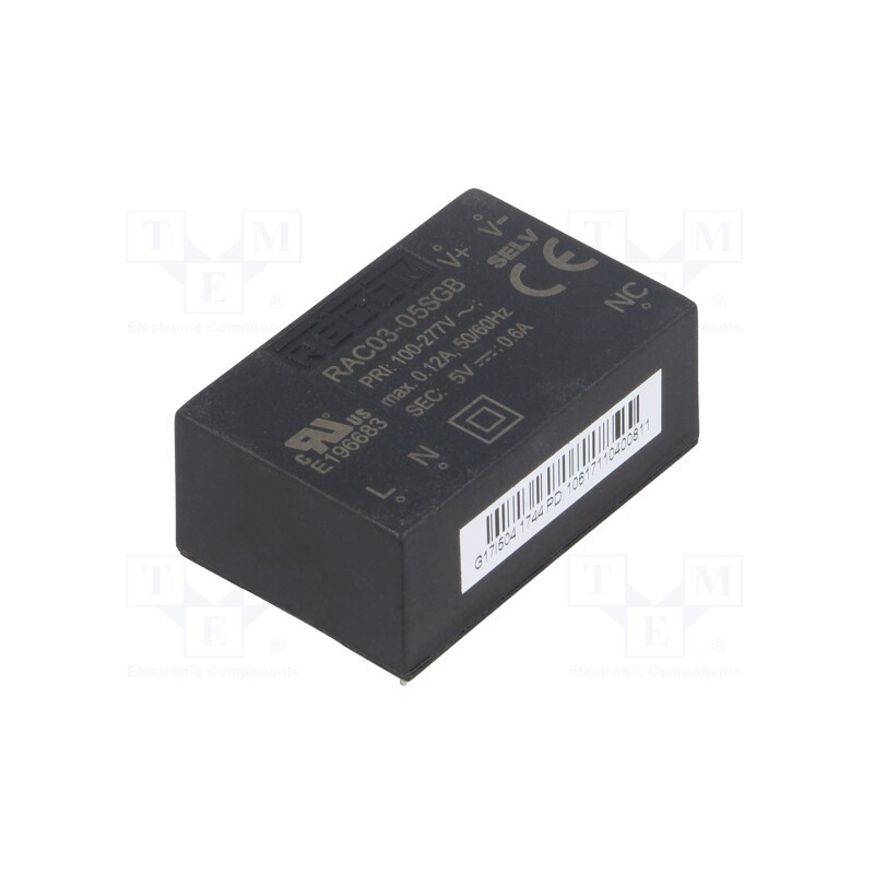 1 pcs x RECOM - RAC03-05SGB - Converter: AC/DC, 3W, 85÷305VAC, Usup: 120÷430VDC, Uout: 5VDC, 72%