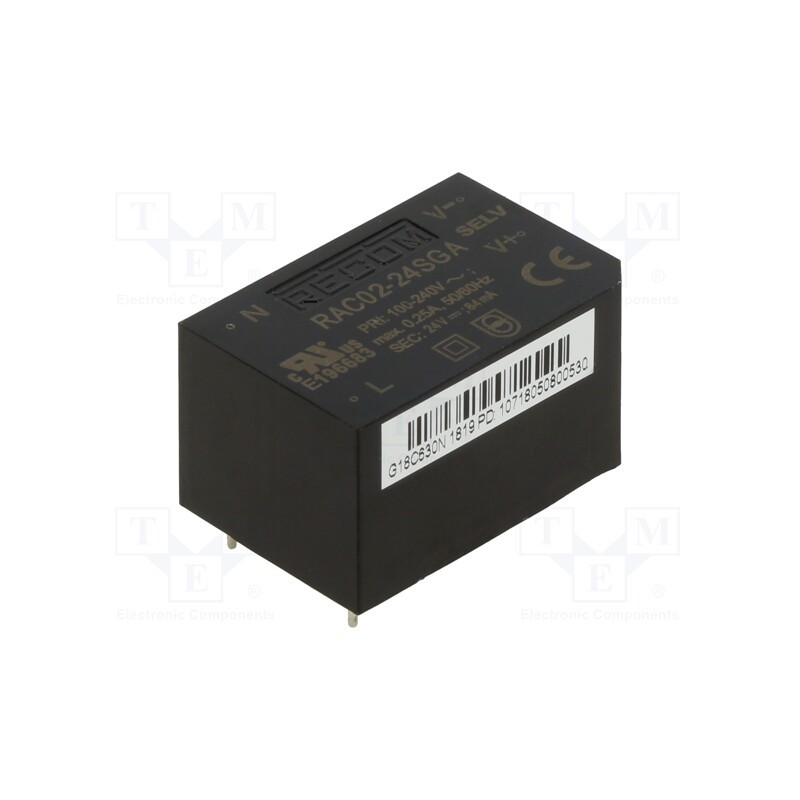 1 pcs x RECOM - RAC02-24SGA - Converter: AC/DC, 2W, 85÷264VAC, 24VDC, Iout: 83mA, 63%, PCB, 3000V