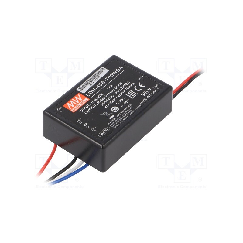 1 pcs x MEAN WELL - LDH-45B-700WDA - Converter: DC/DC, 44.8W, Uin: 18÷32V, Uout: 36÷64VDC, Iin: 2A, cables