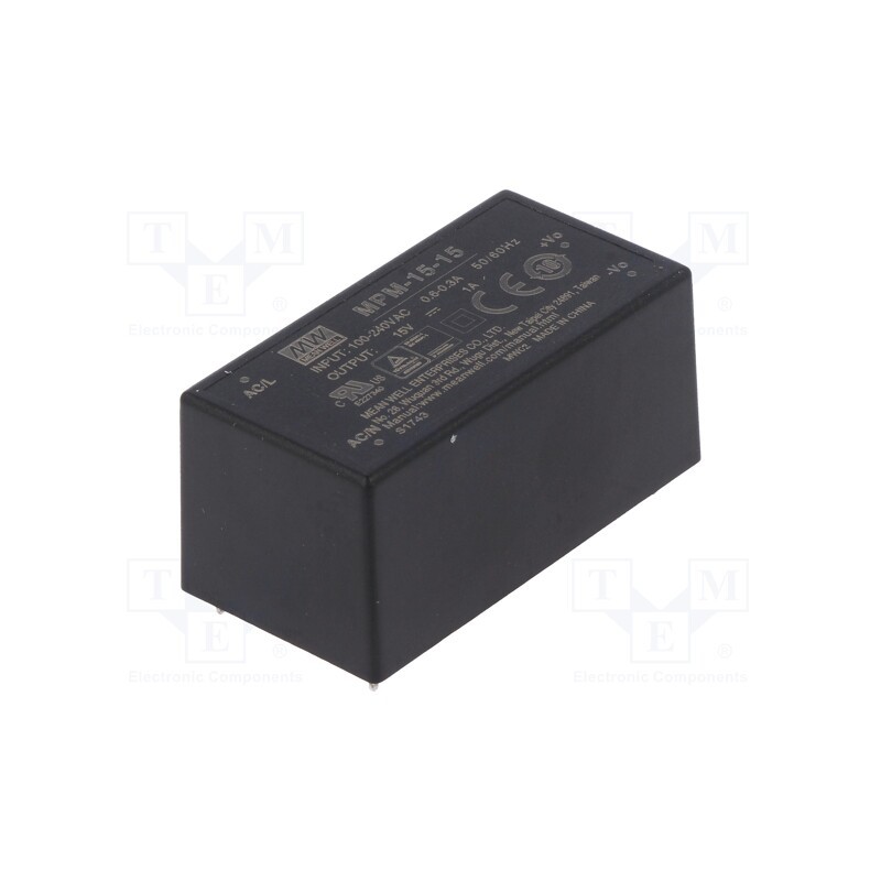 1 pcs x MEAN WELL - MPM-15-15 - Converter: AC/DC, 15W, 80÷264VAC, 15VDC, Iout: 1A, OUT: 1, 87%, PCB