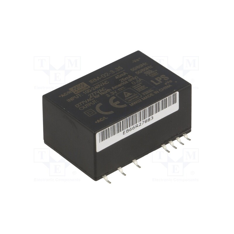 1 pcs x MEAN WELL - IRM-02-3.3S - Converter: AC/DC, 2W, 85÷305VAC, Usup: 120÷430VDC, Uout: 3.3VDC