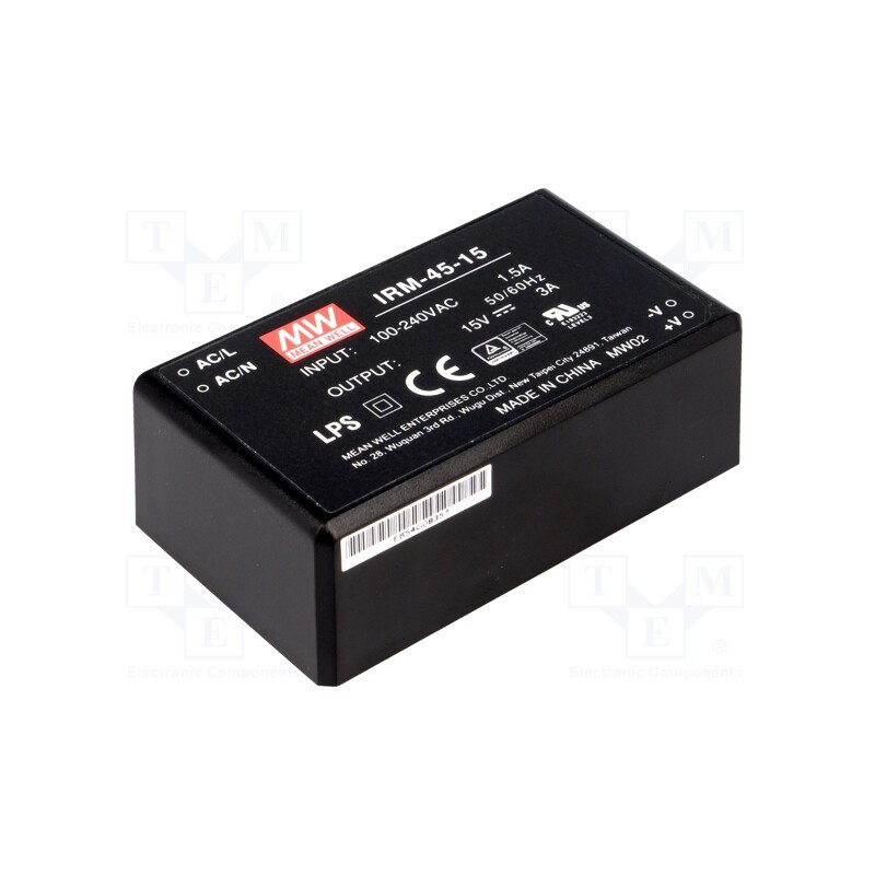 1 pcs x MEAN WELL - IRM-45-15 - Converter: AC/DC, 45W, 85÷264VAC, 15VDC, Iout: 3000mA, OUT: 1, 88.5%