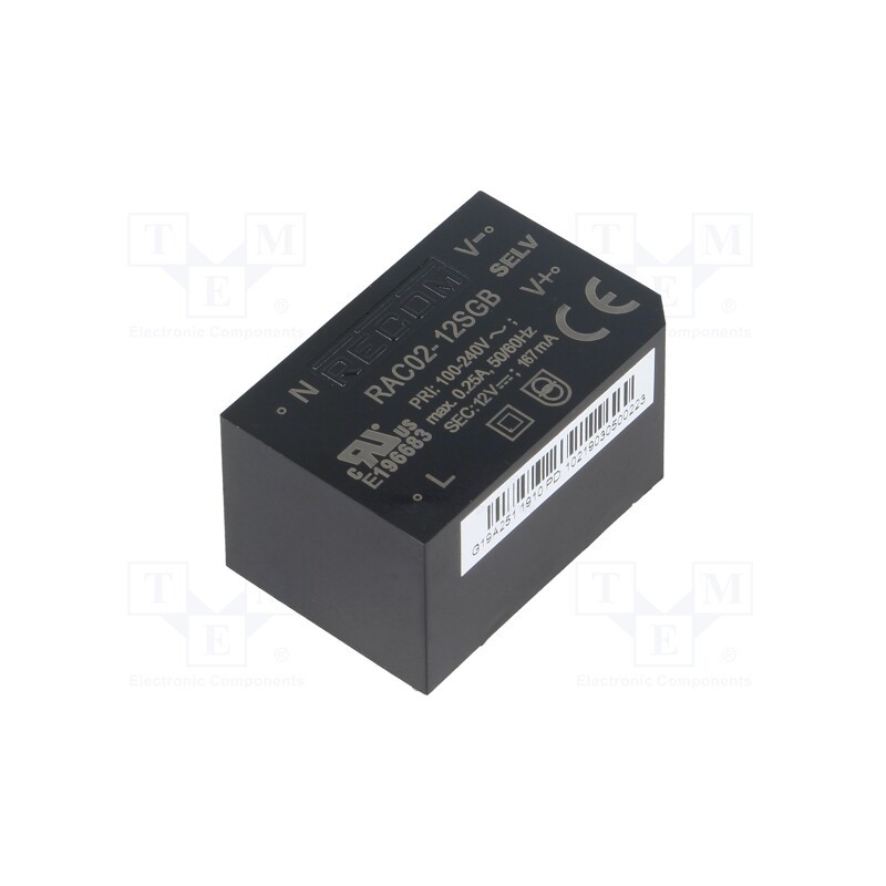 1 pcs x RECOM - RAC02-12SGB - Converter: AC/DC, 2W, 85÷264VAC, 12VDC, Iout: 167mA, 68%, PCB, 3000V