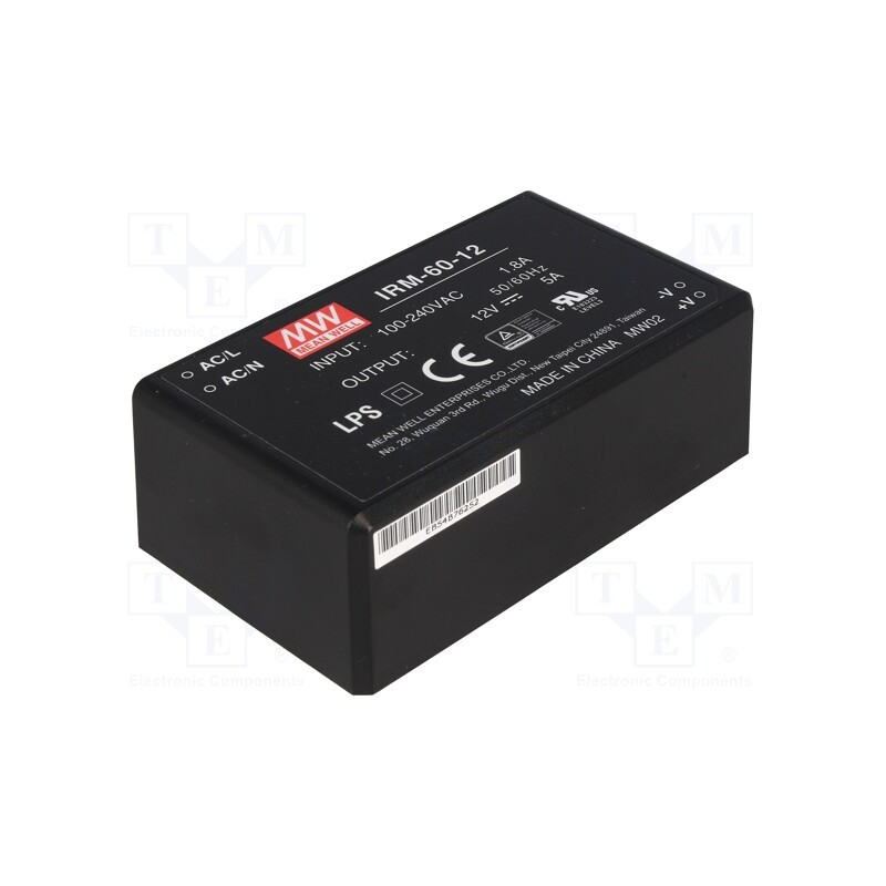 1 pcs x MEAN WELL - IRM-60-12 - Converter: AC/DC, 60W, 85÷264VAC, 12VDC, Iout: 5000mA, OUT: 1, 87.5%