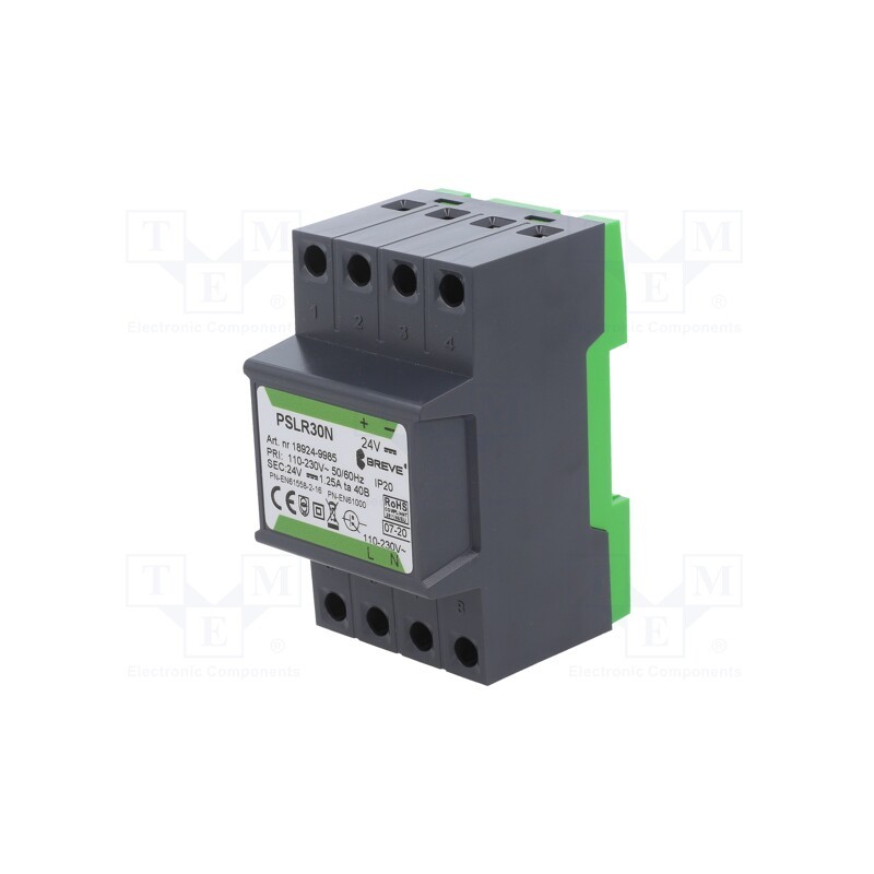 1 pcs x BREVE TUFVASSONS - PSLR30N 230/24VDC 1.25A - Power supply: switched-mode, for DIN rail, 30W, 24VDC, 1.25A
