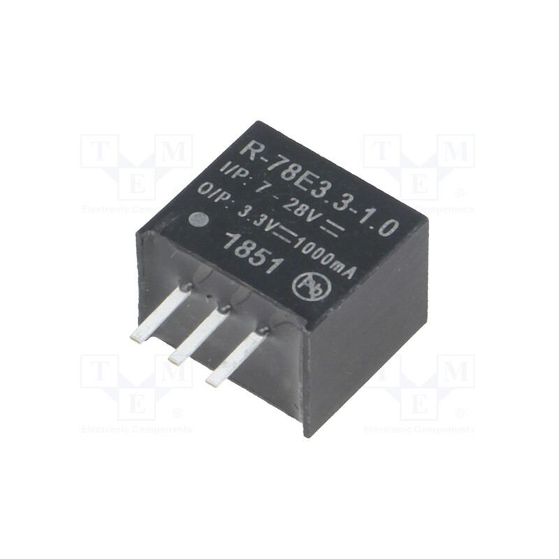1 pcs x RECOM - R-78E3.3-1.0 - Converter: DC/DC, 3.3W, Uin: 7÷28V, Uout: 3.3VDC, Iout: 1A, SIP3, PCB