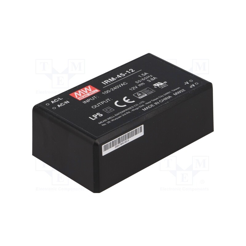 1 pcs x MEAN WELL - IRM-45-12 - Converter: AC/DC, 45.6W, 85÷264VAC, 12VDC, Iout: 3800mA, OUT: 1, PCB