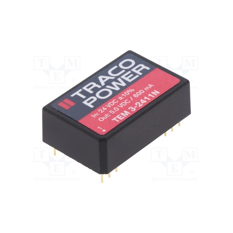 1 pcs x TRACO POWER - TEM 3-2411N - Converter: DC/DC, 3W, Uin: 21.6÷26.4V, Uout: 5VDC, Iout: 600mA, DIP24