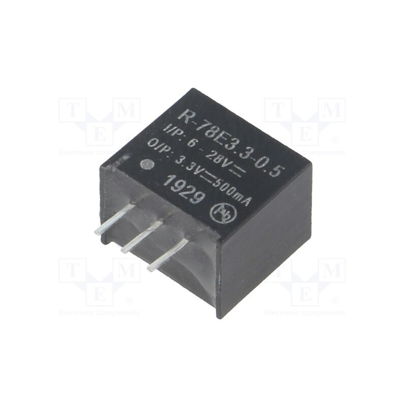 1 pcs x RECOM - R-78E3.3-0.5 - Converter: DC/DC, 1.65W, Uin: 6÷28V, Uout: 3.3VDC, Iout: 0.5A, SIP3