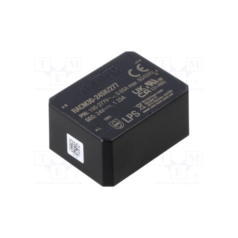 1 pcs x RECOM - RACM30-24SK/277 - 30W, 85÷305VAC, 24VDC, 1250mA, -40÷90°C, PCB, 89%, 52.5x40x25.5mm
