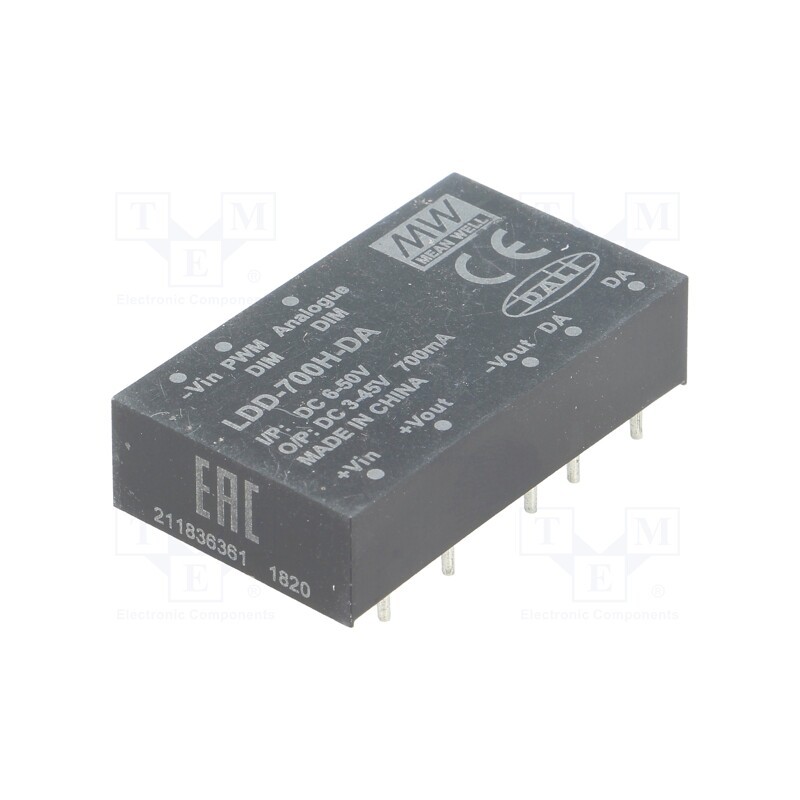1 pcs x MEAN WELL - LDD-700H-DA - Converter: DC/DC, 31W, Uin: 6÷50V, Uout: 3÷45VDC, Iin: 550mA, THT
