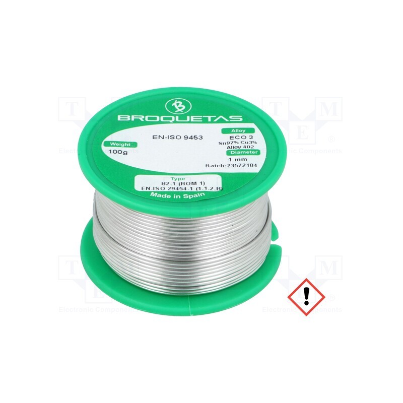 1 pcs x BROQUETAS - ECO3 B2.1 1,0MM 100GR - Soldering wire, Sn97Cu3, 1mm, 100g, lead free, reel, 230°C
