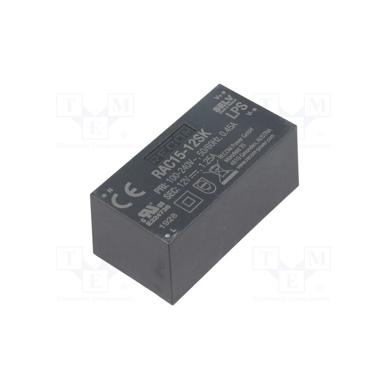 1 pcs x RECOM - RAC15-12SK - Converter: AC/DC, 15W, 85÷264VAC, Usup: 120÷370VDC, Uout: 12VDC