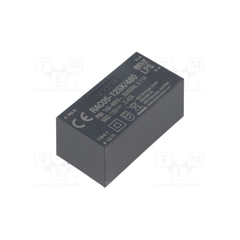 1 pcs x RECOM - RAC05-12SK/480 - Converter: AC/DC, 5W, 85÷528VAC, Usup: 120÷745VDC, Uout: 12VDC, 65%