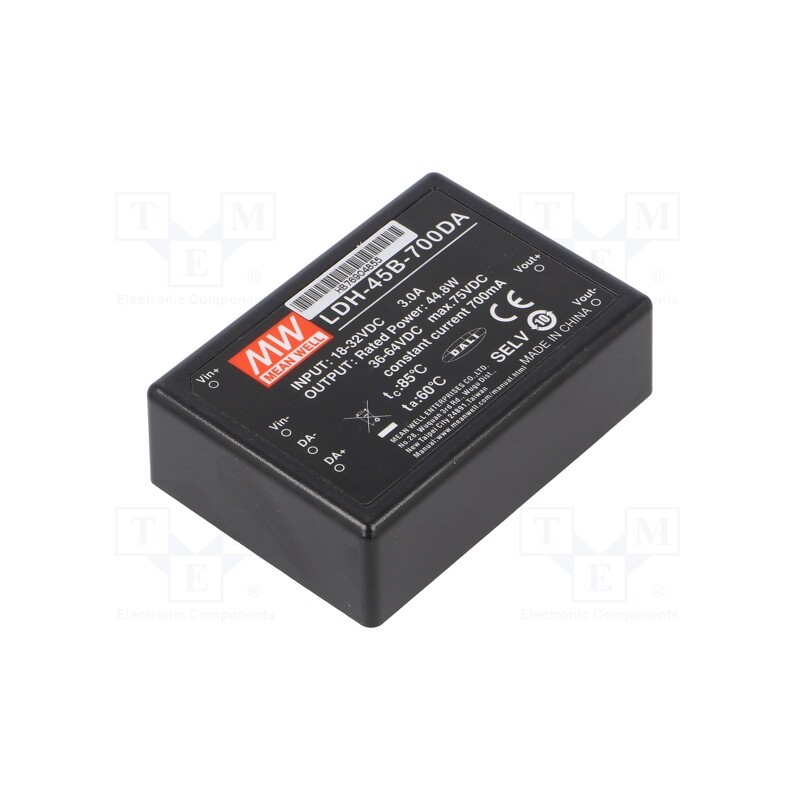 1 pcs x MEAN WELL - LDH-45B-700DA - Converter: DC/DC, 44.8W, Uin: 18÷32V, Uout: 36÷64VDC, Iin: 2A, THT