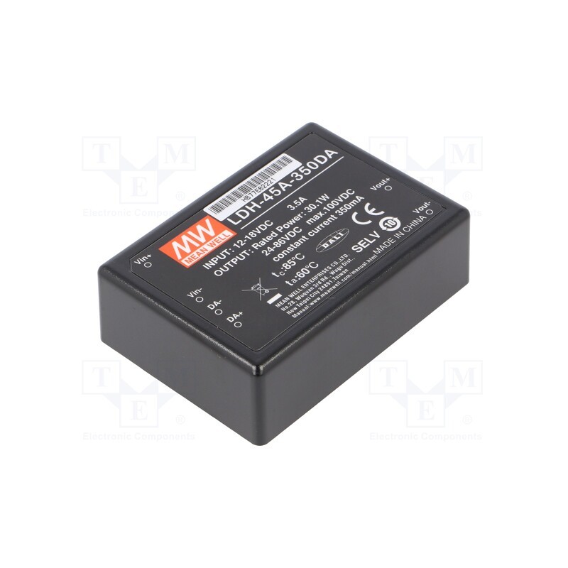 1 pcs x MEAN WELL - LDH-45A-350DA - Converter: DC/DC, 30.1W, Uin: 9÷18V, Uout: 24÷86VDC, Iin: 2.8A, THT