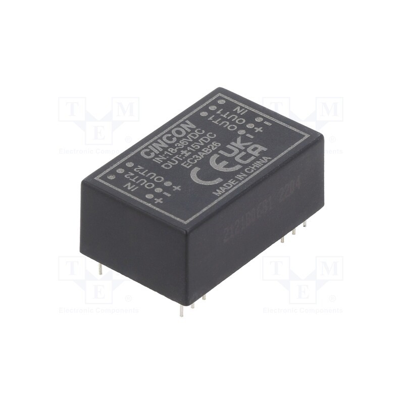 1 pcs x CINCON - EC3AB26 - Converter: DC/DC, 3W, Uin: 18÷36V, Uout: 15VDC, Uout2: -15VDC, DIP24