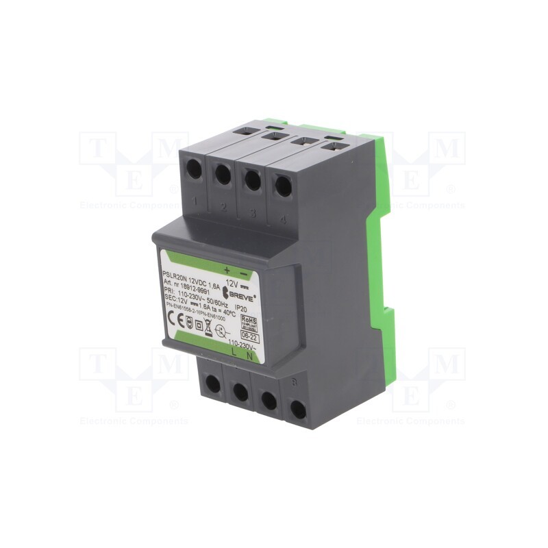 1 pcs x BREVE TUFVASSONS - PSLR20N 230/12VDC 1.6A - Power supply: switched-mode, for DIN rail, 20W, 12VDC, 1.6A, OUT: 1