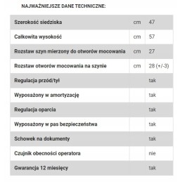Seat seat with belts and adjustable backrest for doosan forklift