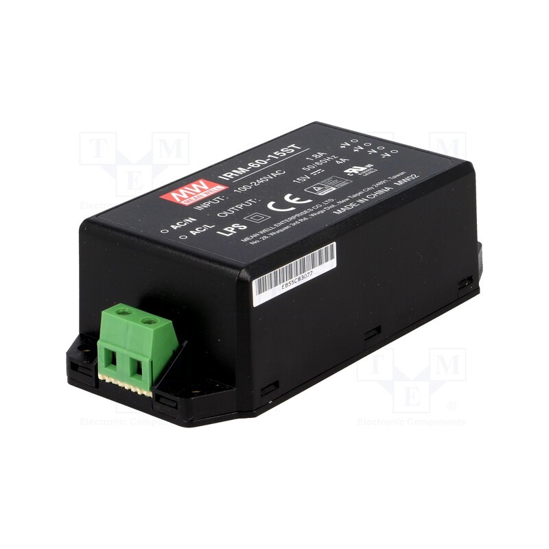1 pcs x MEAN WELL - IRM-60-15ST - Power supply: switched-mode, for building in,modular, 60W, 15VDC