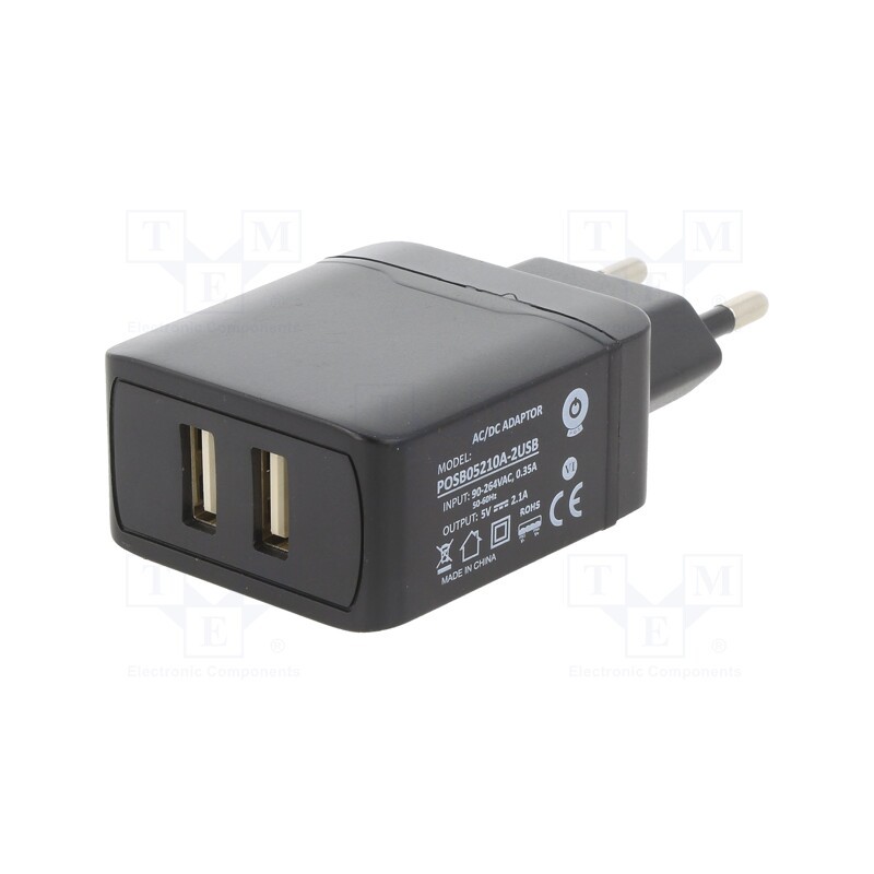 1 pcs x POS - POSB05210A-2USB - Power supply: switched-mode, plug, 5VDC, 2A, 10W, Plug: EU, 80.21%