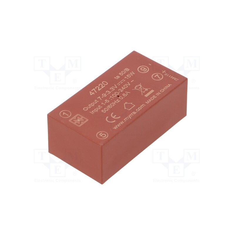 1 pcs x MYRRA - 47220 - Converter: AC/DC, 15W, 85÷265VAC, Usup: 120÷370VDC, Uout: 3.3VDC