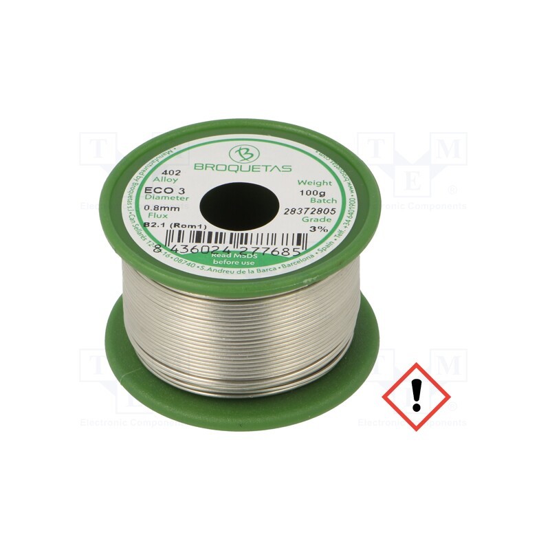 1 pcs x BROQUETAS - ECO3 (SNCU3) FLUX B2.1 0,8 MM 100 G. - Soldering wire, Sn97Cu3, 0.8mm, 100g, lead free, reel, 230°C