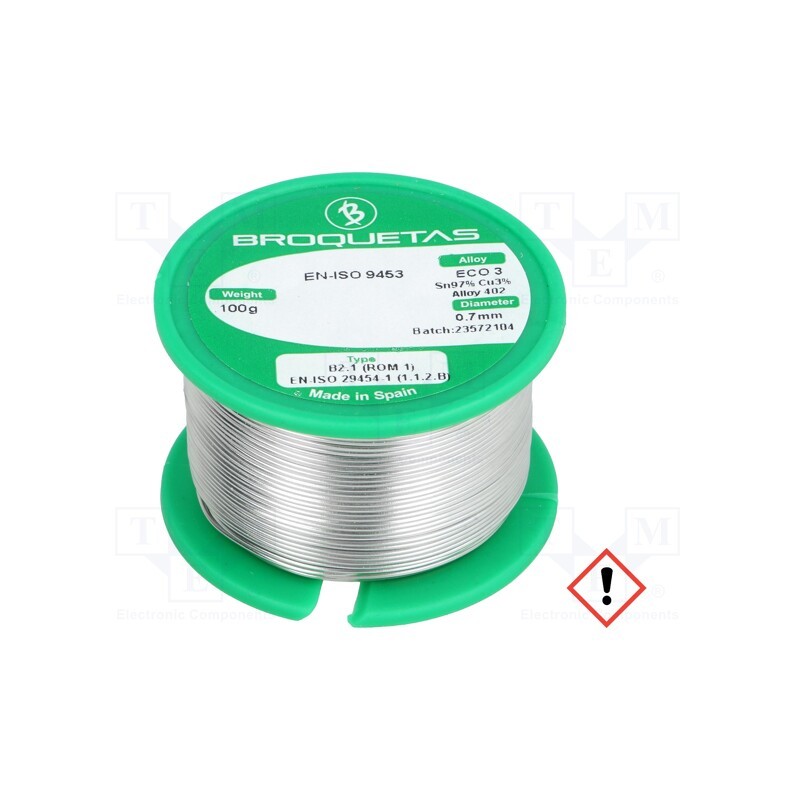 1 pcs x BROQUETAS - ECO3 B2.1 0,7MM 100GR - Soldering wire, Sn97Cu3, 0.7mm, 100g, lead free, reel, 230°C