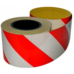 Red and white diagonal warning stripes, reflective, 10 cm