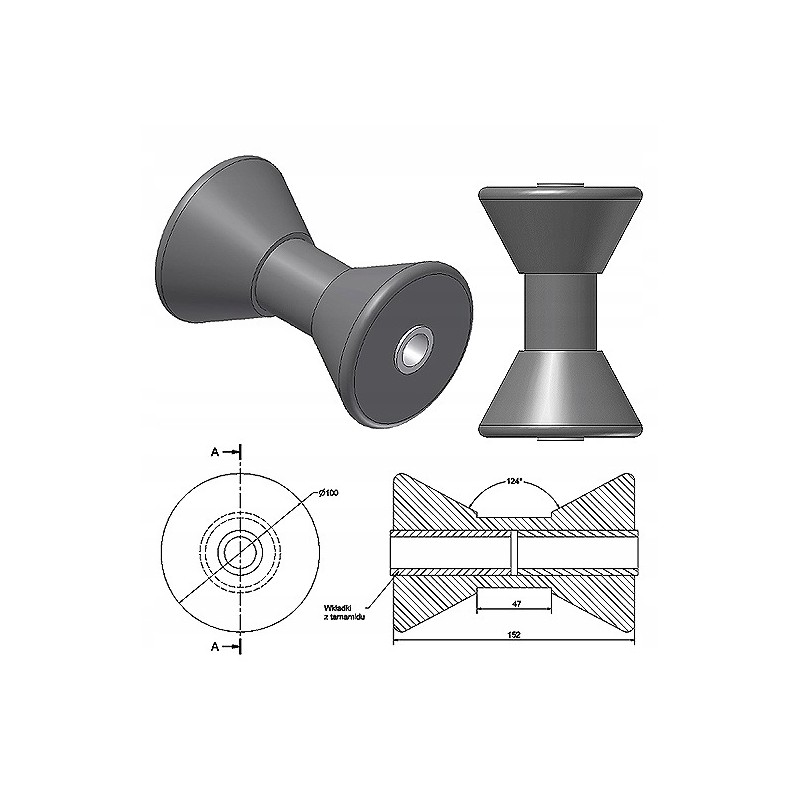 Conical boat keel roller in the shaft