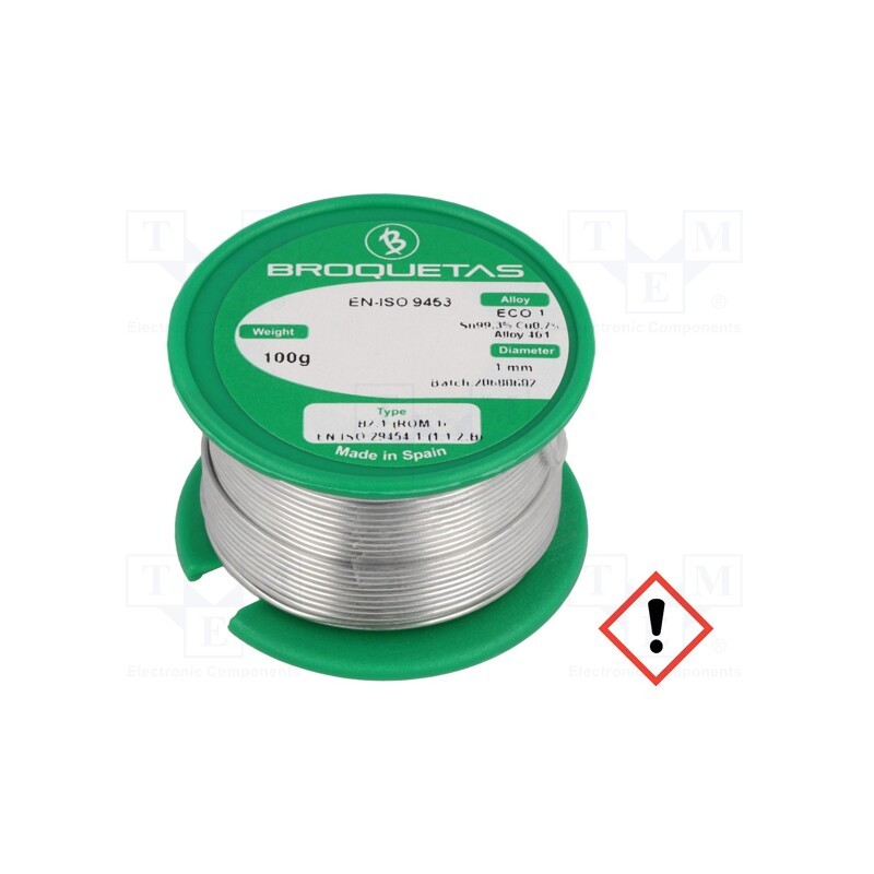 1 pcs x BROQUETAS - ECO1 B2.1 1,0MM 100G - Soldering wire, Sn99,3Cu0,7, 1mm, 0.1kg, lead free, reel, 220°C