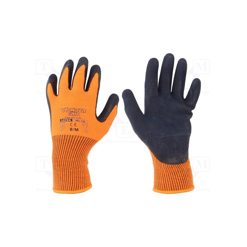 1 set x WONDER GRIP - 53738 - Protective gloves, Size: 8,M, orange, acrylic,latex, Thermo Lite