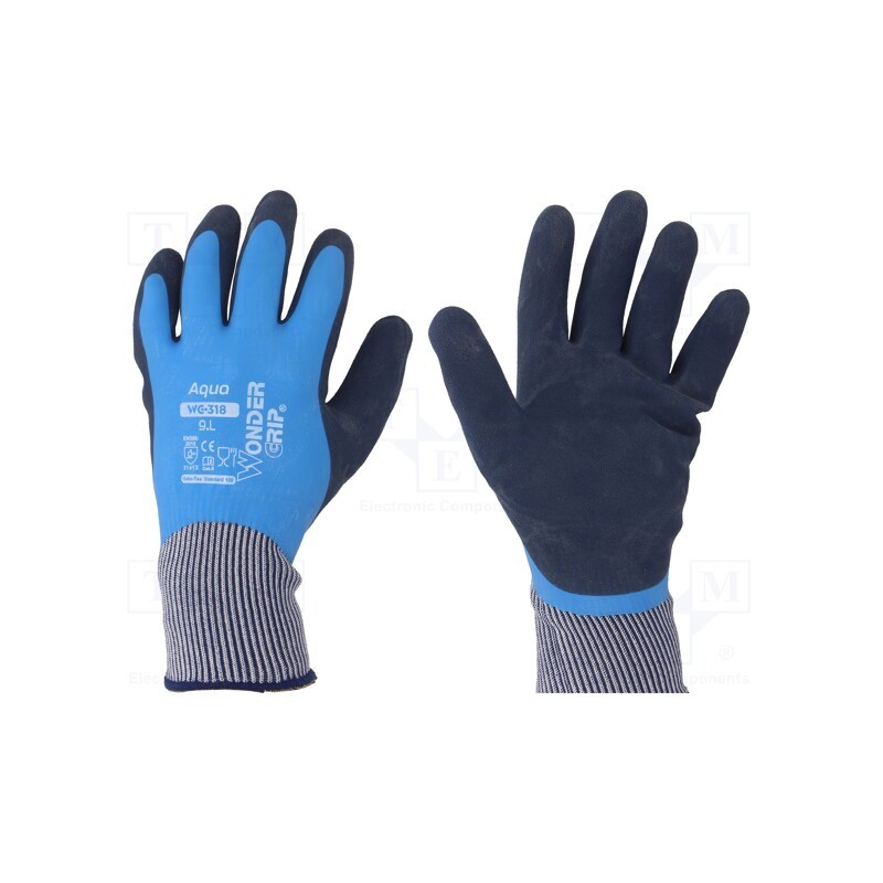 1 set x WONDER GRIP - 52969 - Protective gloves, Size: 9,L, blue, latex,polyamide, Aqua