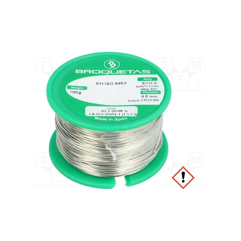 1 pcs x BROQUETAS - ECO3 B2.1 0,5MM 100GR - Soldering wire, Sn97Cu3, 0.5mm, 100g, lead free, reel, 230°C