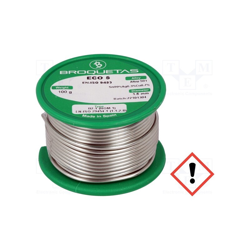1 pcs x BROQUETAS - ECO 5 B2.1 1,5MM 100G - Soldering wire, Sn99Ag0,3Cu0,7, 1.5mm, 0.1kg, lead free, reel
