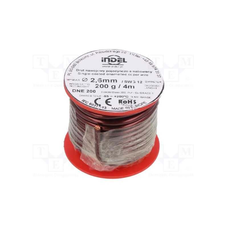 1 rol x INDEL - DNE2,6-200G - Coil wire, single coated enamelled, 2.6mm, 0.2kg, -65÷200°C