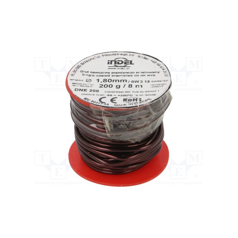 1 rol x INDEL - DNE1,80-200G - Coil wire, single coated enamelled, 1.8mm, 0.2kg, -65÷200°C