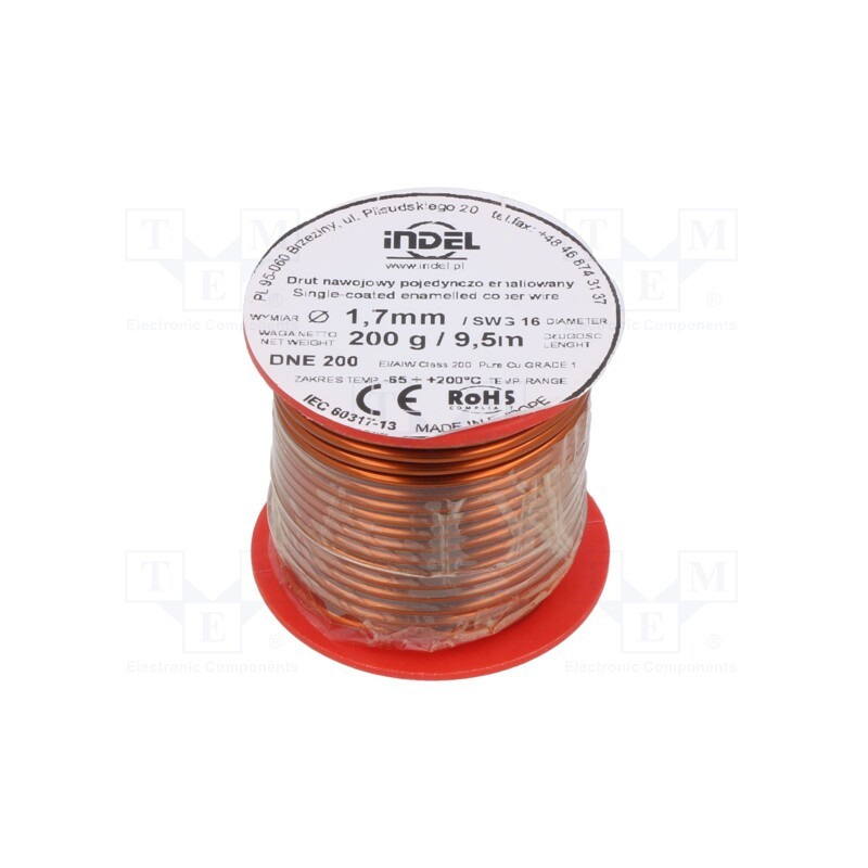 1 rol x INDEL - DNE1,70-200G - Coil wire, single coated enamelled, 1.7mm, 0.2kg, -65÷200°C