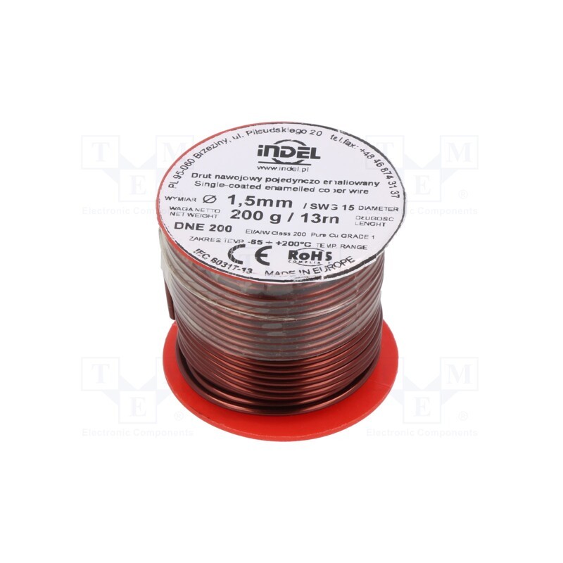 1 rol x INDEL - DNE1,50-200G - Coil wire, single coated enamelled, 1.5mm, 0.2kg, -65÷200°C