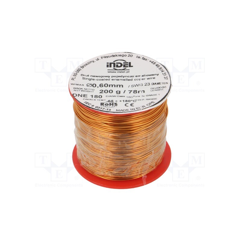 1 rol x INDEL - DNE0,60-200G - Coil wire, single coated enamelled, 0.6mm, 0.2kg, -65÷180°C