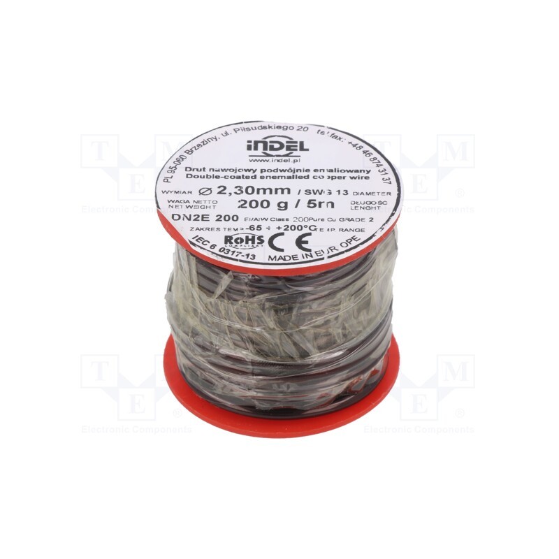 1 rol x INDEL - DN2E2,3-200G - Coil wire, double coated enamelled, 2.3mm, 0.2kg, -65÷200°C